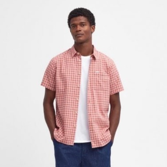 Barbour Men’s Short Sleeve Tristan Summer Shirt in Pink Clay Large - Picture 2 of 14